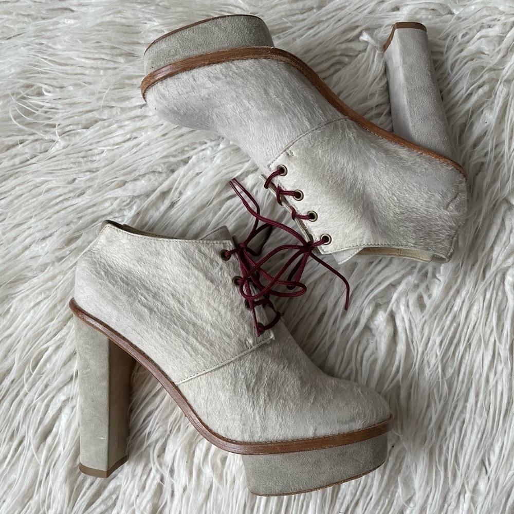 Opening Ceremony Chantal 5 Platform Suede Pony Hair Pearl Gray Ankle Boots 37.5